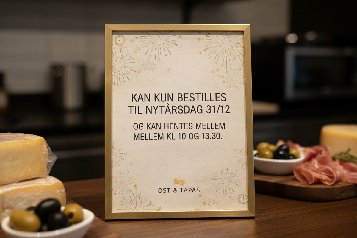 Lav et billede hvor der står: Kan kun bestilles til nytårsdag 31/12 og kan hentes mellem kl 10 og 13.30 